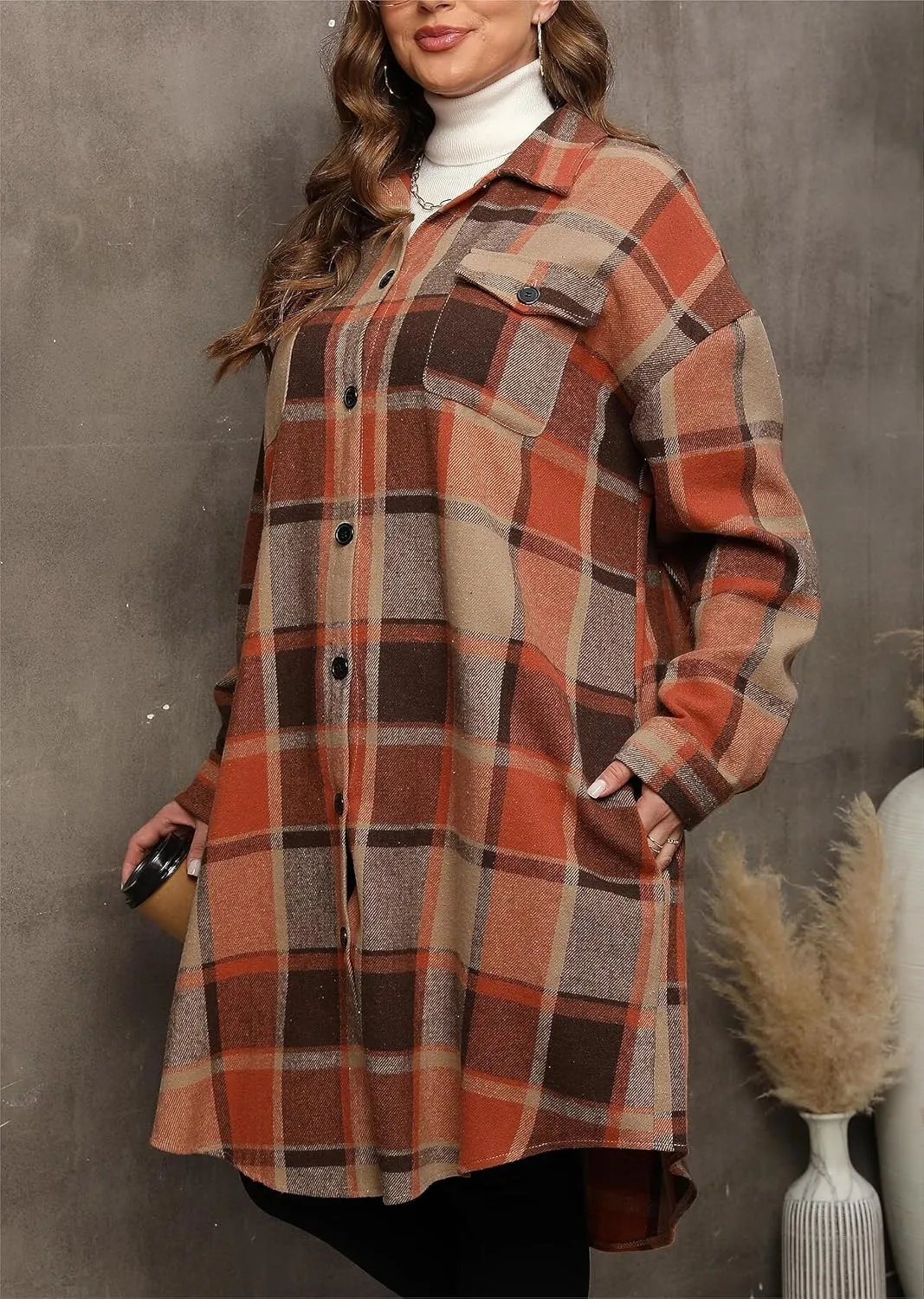 Women's 2025 Plus Size Plaid Flannel Shacket Loose Fit Long Shirts Jacket Tartan Boyfriend Oversized Coat