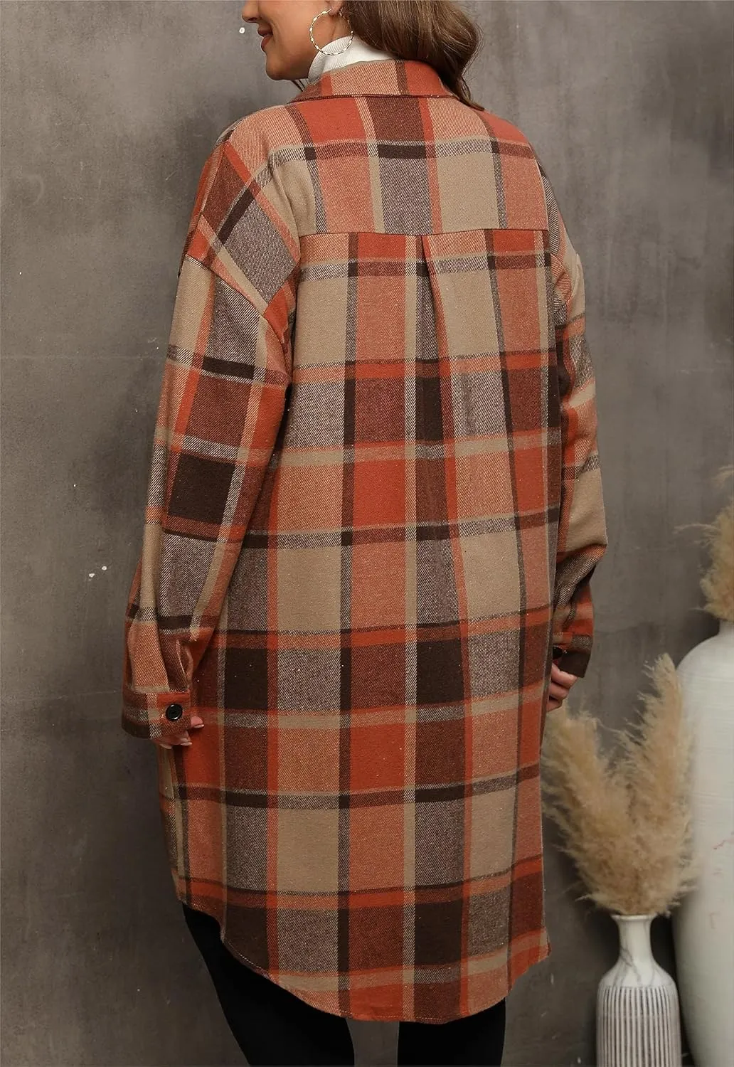 Women's 2025 Plus Size Plaid Flannel Shacket Loose Fit Long Shirts Jacket Tartan Boyfriend Oversized Coat