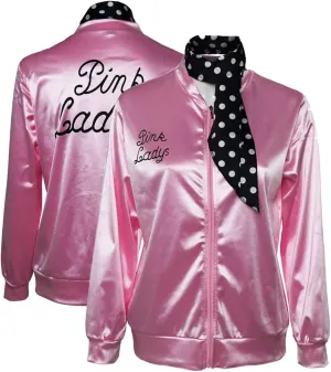 Women's 50s Ladys Pink Satin Jacket Jacket with Neck Scarfs Halloween Cosplay Costume