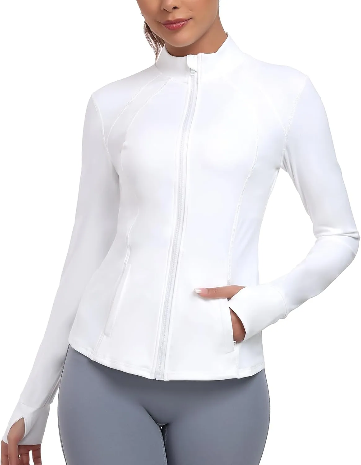Women's Athletic Full Zip Lightweight Workout Jacket With Pockets Running Yoga Sportwear With Thumb Holes