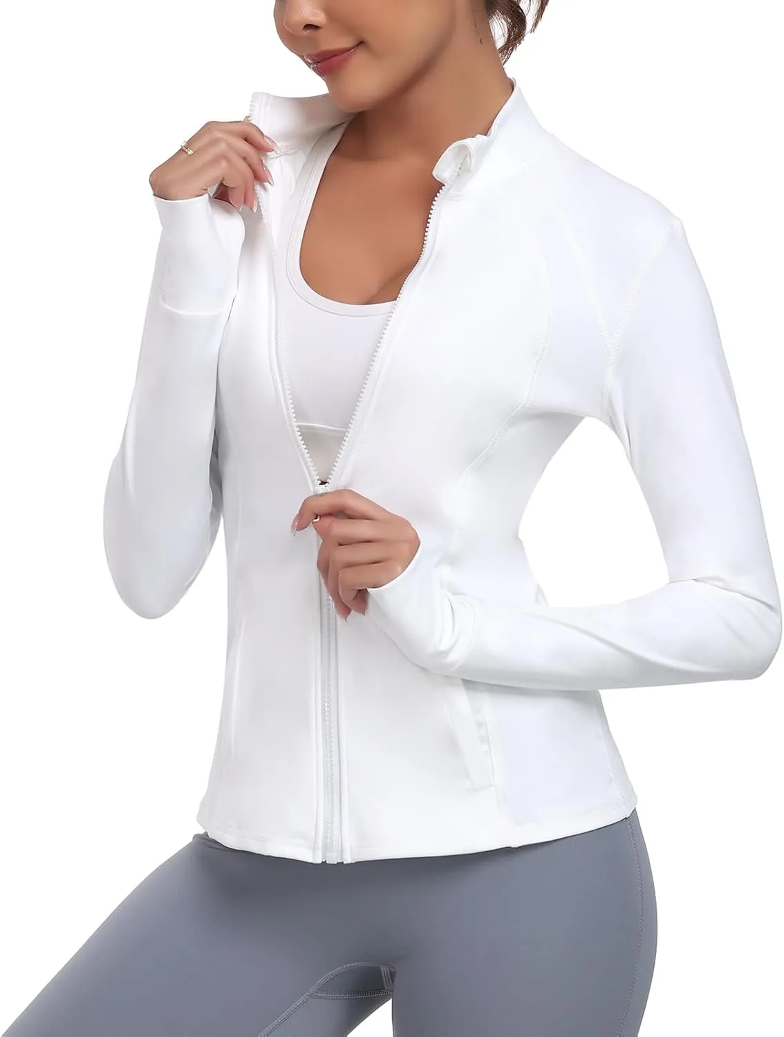 Women's Athletic Full Zip Lightweight Workout Jacket With Pockets Running Yoga Sportwear With Thumb Holes