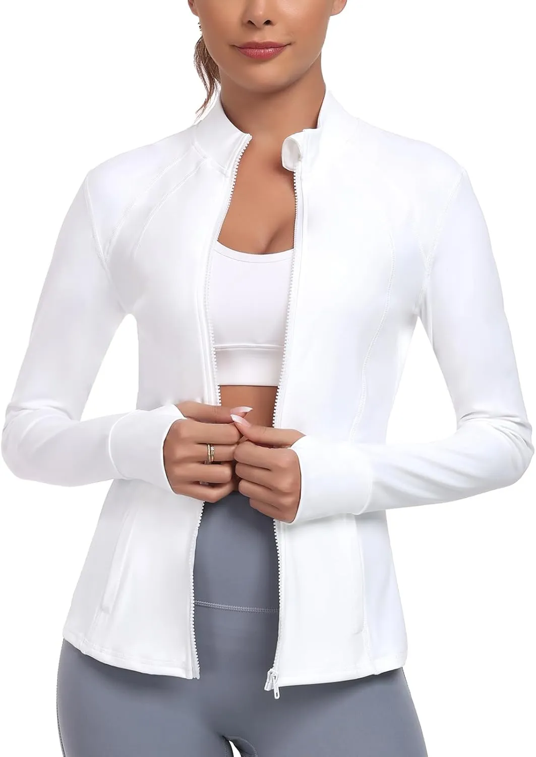 Women's Athletic Full Zip Lightweight Workout Jacket With Pockets Running Yoga Sportwear With Thumb Holes