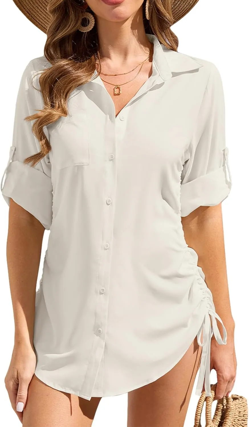 Womens Bathing Suit Cover Up Swimsuit Cover Up for Women Drawstring Button Down UV Sun Protection Beach Dress Shirt
