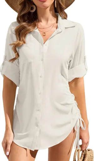Womens Bathing Suit Cover Up Swimsuit Cover Up for Women Drawstring Button Down UV Sun Protection Beach Dress Shirt