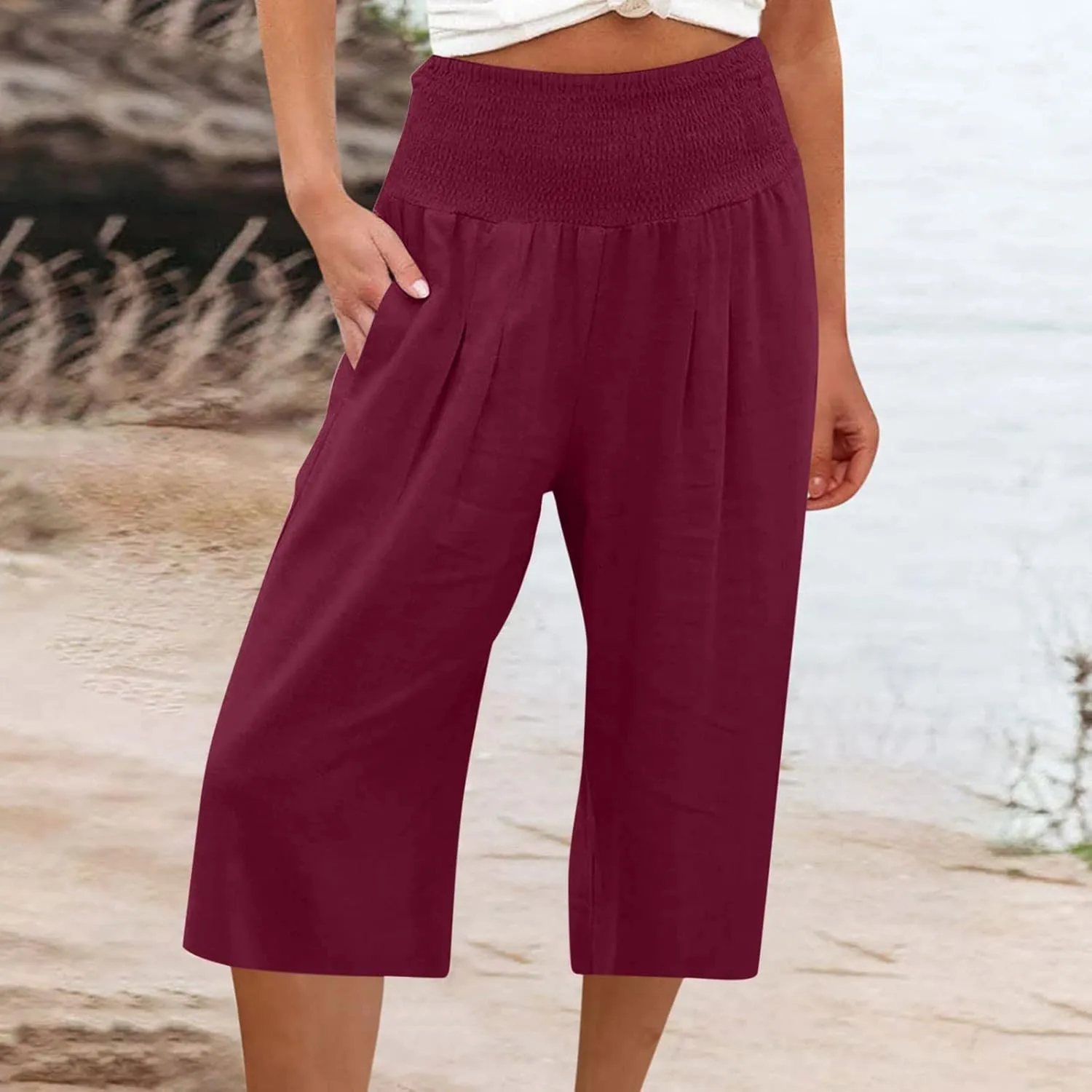 Women's Black Linen Capri Pants, Plus Size Summer Clothes, Palazzo Pants for Women