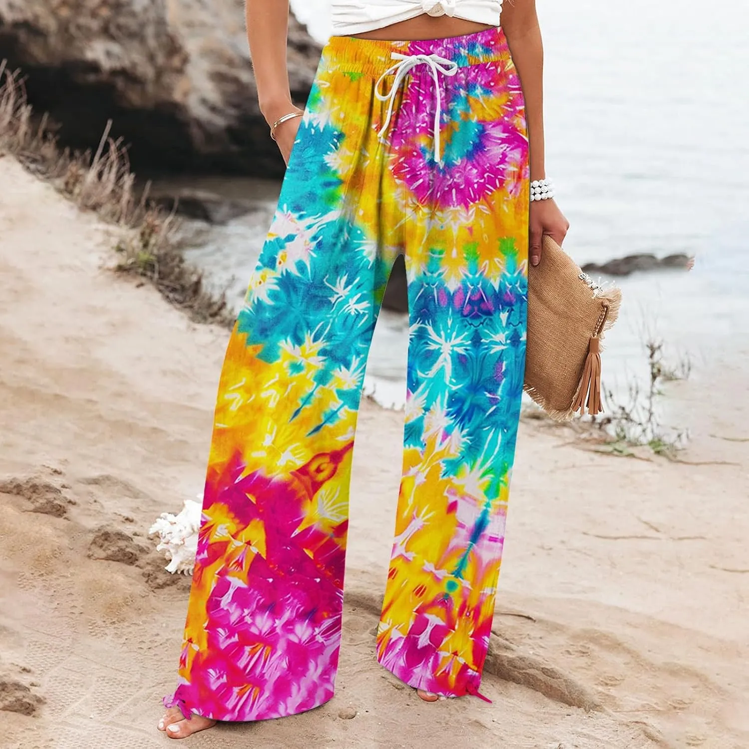 Women's Boho Floral Linen Pants 2025 Summer Boho Wide Leg High Waist Lounge Pant 2025 Beach Travel Vacation Outfits