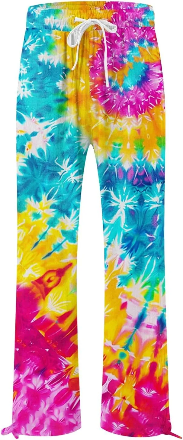 Women's Boho Floral Linen Pants 2025 Summer Boho Wide Leg High Waist Lounge Pant 2025 Beach Travel Vacation Outfits