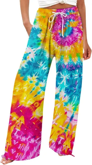Women's Boho Floral Linen Pants 2025 Summer Boho Wide Leg High Waist Lounge Pant 2025 Beach Travel Vacation Outfits
