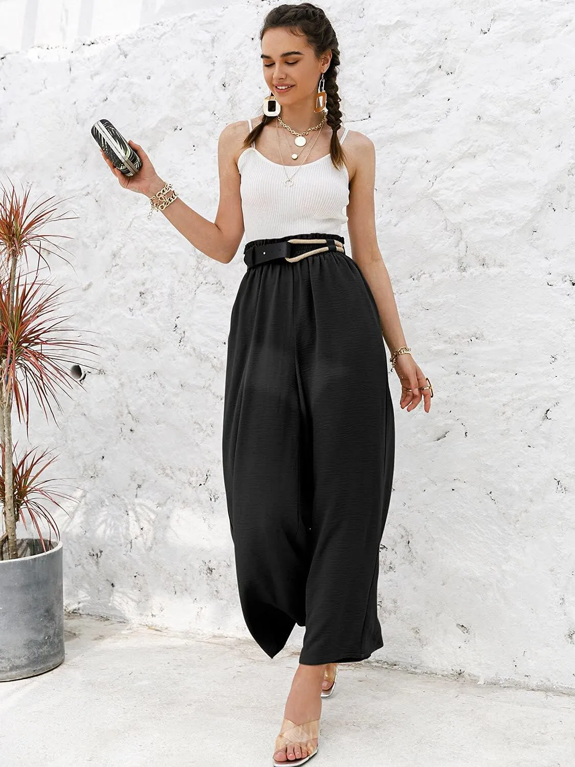 Women's Boho High Waisted Palazzo Pants Summer Beach Wide Leg Flowy Pants