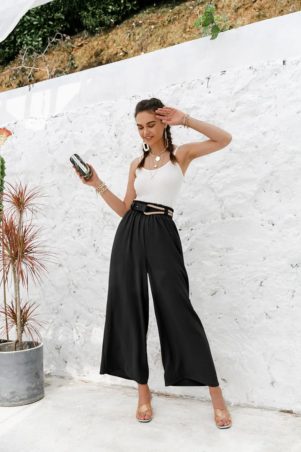 Women's Boho High Waisted Palazzo Pants Summer Beach Wide Leg Flowy Pants