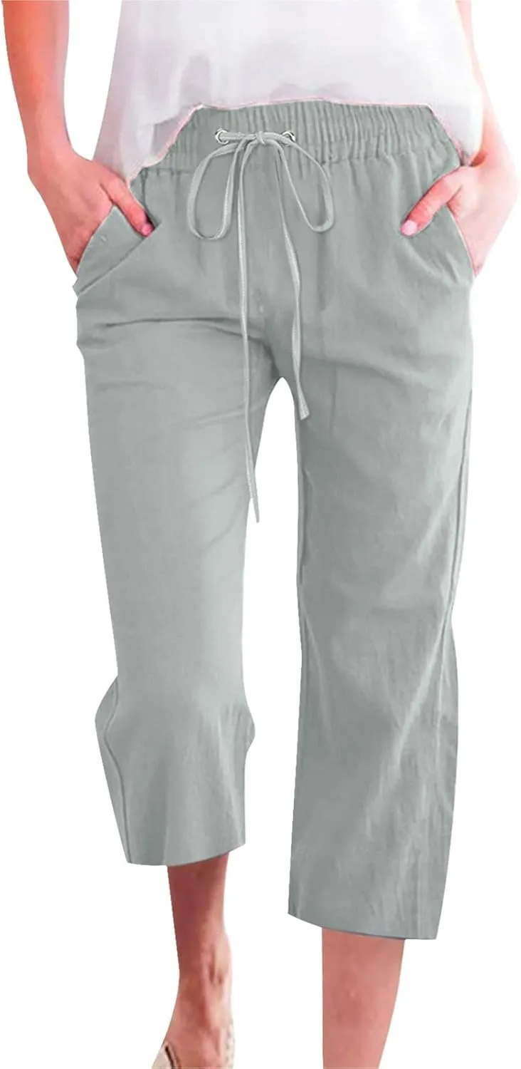 Womens Capris for Summer Dressy Casual Cotton Linen Elastic Waist Pants Trendy Plus Size Summer Trousers Clothes