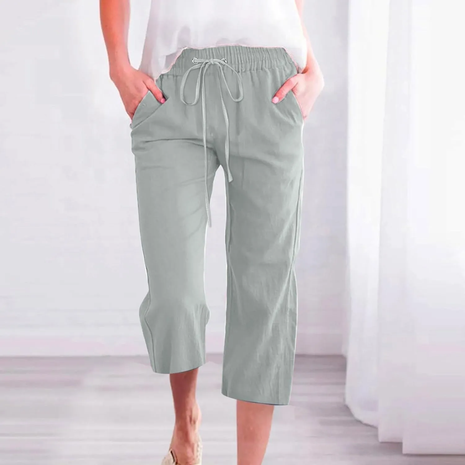 Womens Capris for Summer Dressy Casual Cotton Linen Elastic Waist Pants Trendy Plus Size Summer Trousers Clothes