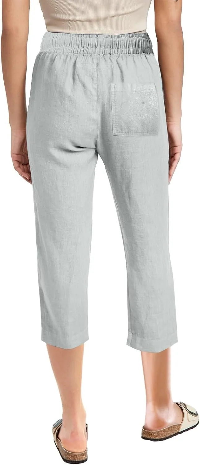 Womens Capris for Summer Dressy Casual Cotton Linen Elastic Waist Pants Trendy Plus Size Summer Trousers Clothes