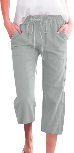 Womens Capris for Summer Dressy Casual Cotton Linen Elastic Waist Pants Trendy Plus Size Summer Trousers Clothes