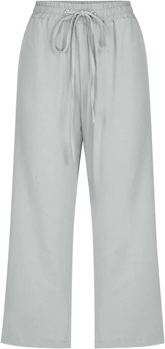 Womens Capris for Summer Dressy Casual Cotton Linen Elastic Waist Pants Trendy Plus Size Summer Trousers Clothes