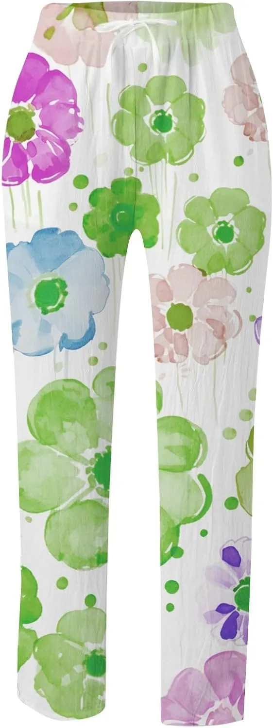 Womens Casual Cotton Linen Pants Drawstring Waist Cropped Trouser Loose Floral Print Summer Beach Pants with Pockets