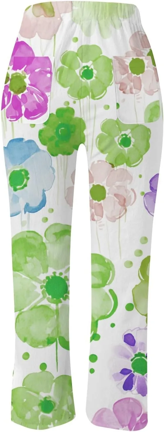 Womens Casual Cotton Linen Pants Drawstring Waist Cropped Trouser Loose Floral Print Summer Beach Pants with Pockets