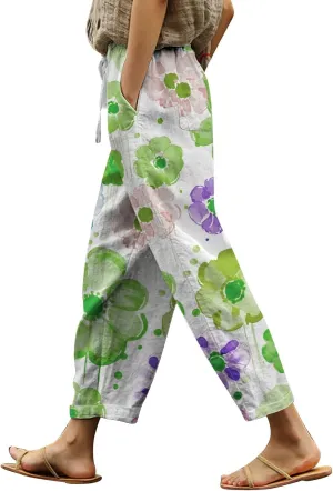 Womens Casual Cotton Linen Pants Drawstring Waist Cropped Trouser Loose Floral Print Summer Beach Pants with Pockets