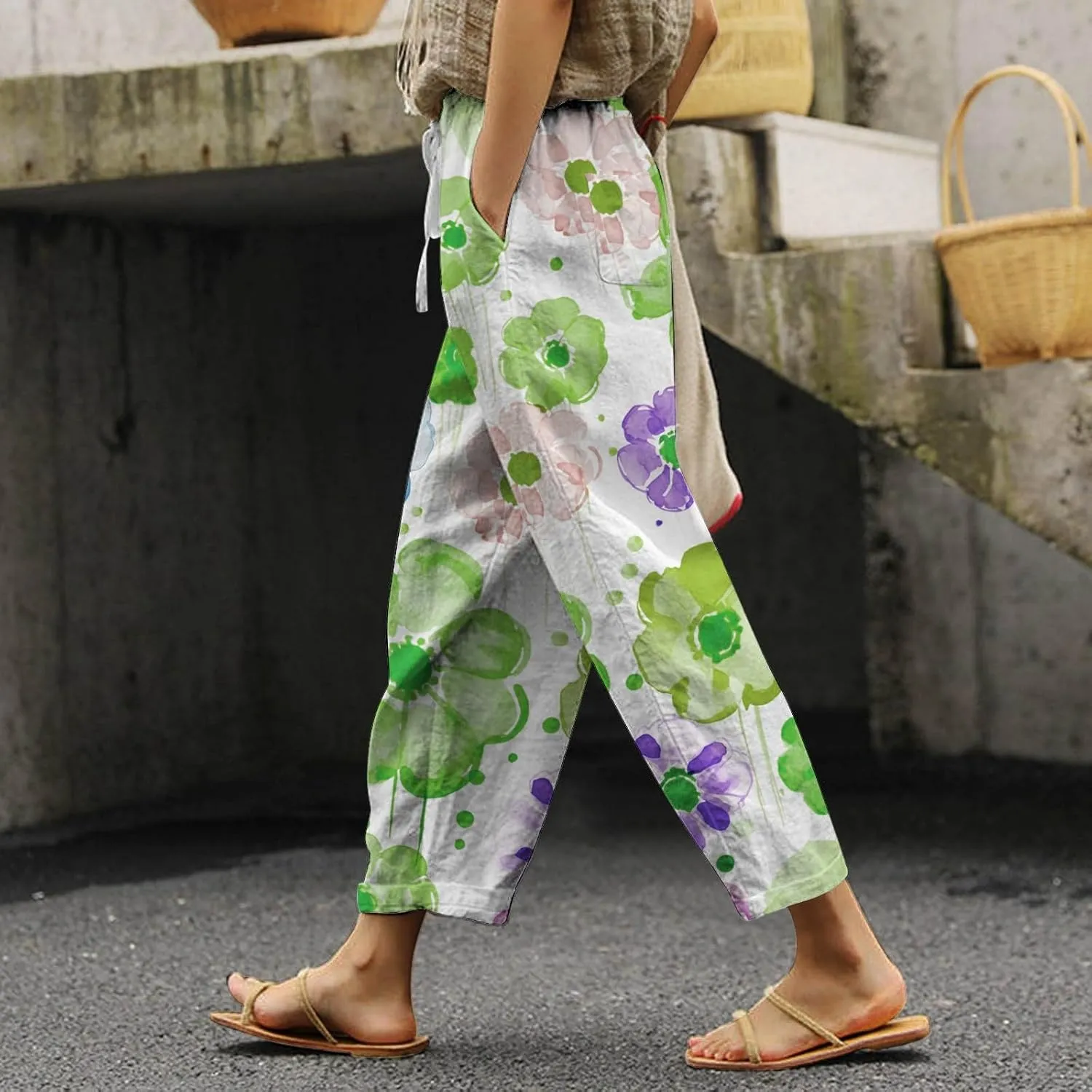 Womens Casual Cotton Linen Pants Drawstring Waist Cropped Trouser Loose Floral Print Summer Beach Pants with Pockets