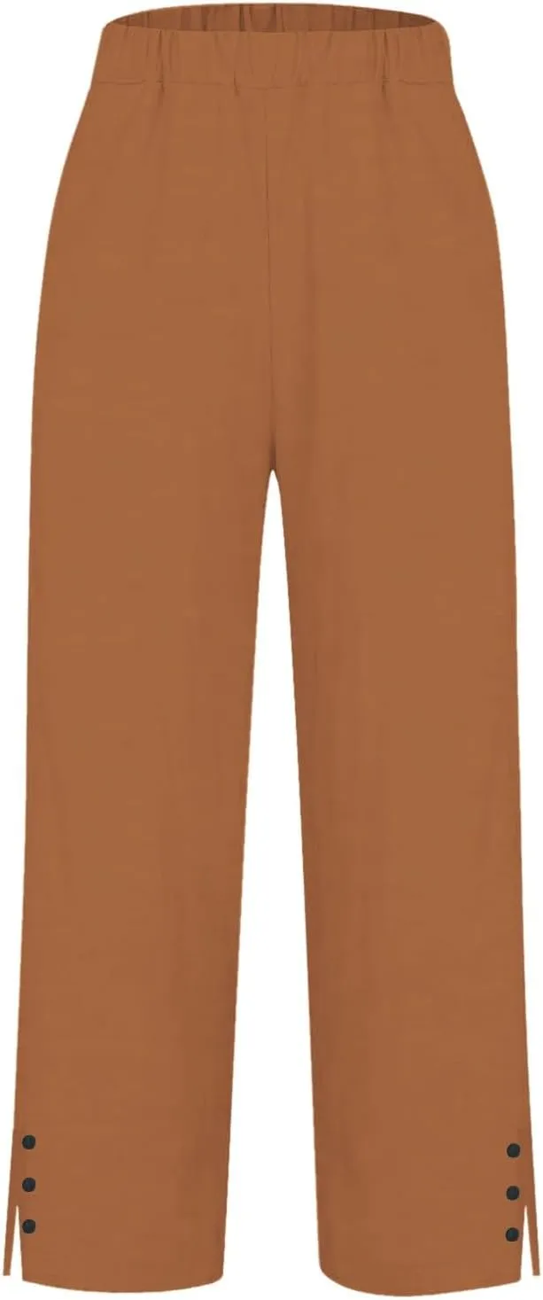 Womens Casual Linen High Waist Pants Plain Drawstring Loose Fit Summer Pants Trousers with Side Pockets