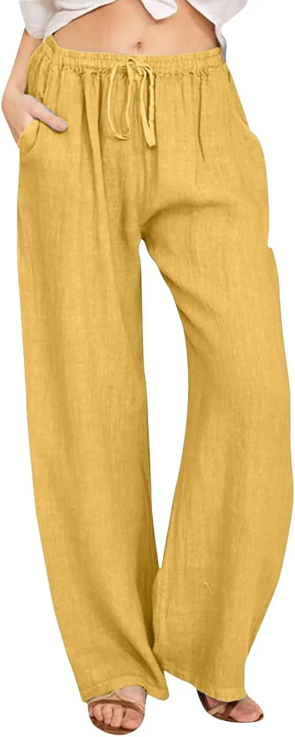 Womens Casual Linen Pants Baggy High Waist Drawstring Straight Leg Pants Summer Lounge Trousers with Pockets