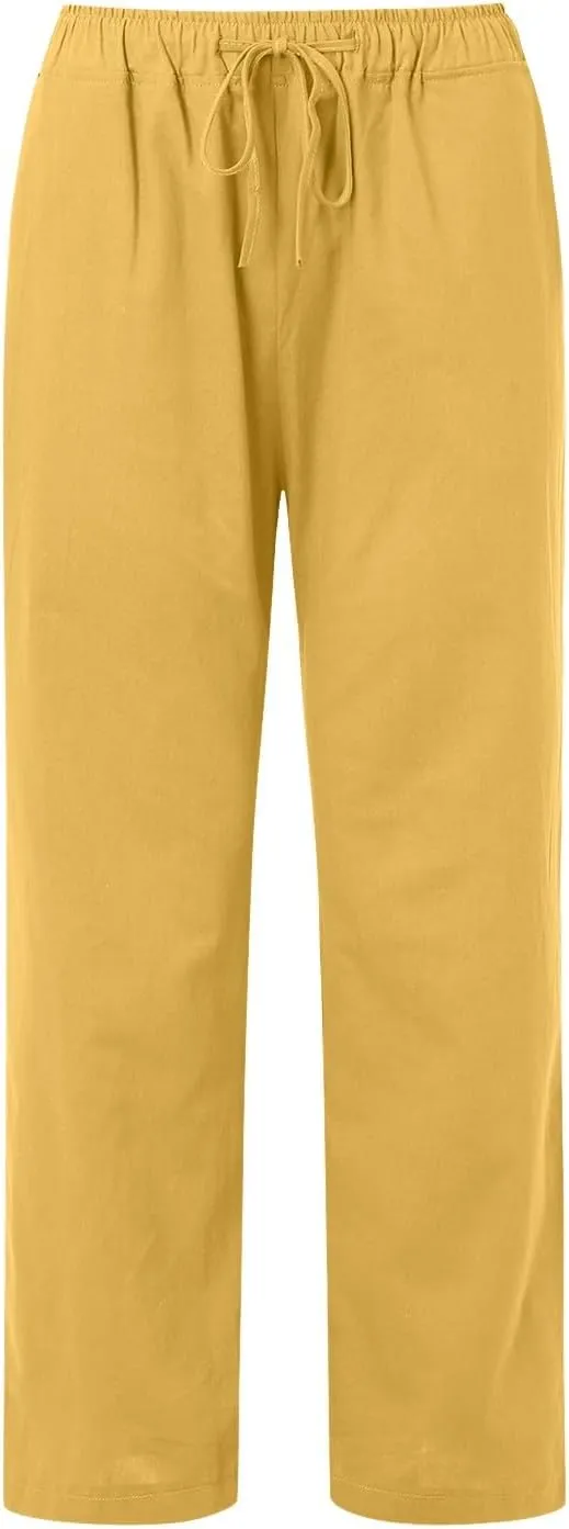 Womens Casual Linen Pants Baggy High Waist Drawstring Straight Leg Pants Summer Lounge Trousers with Pockets