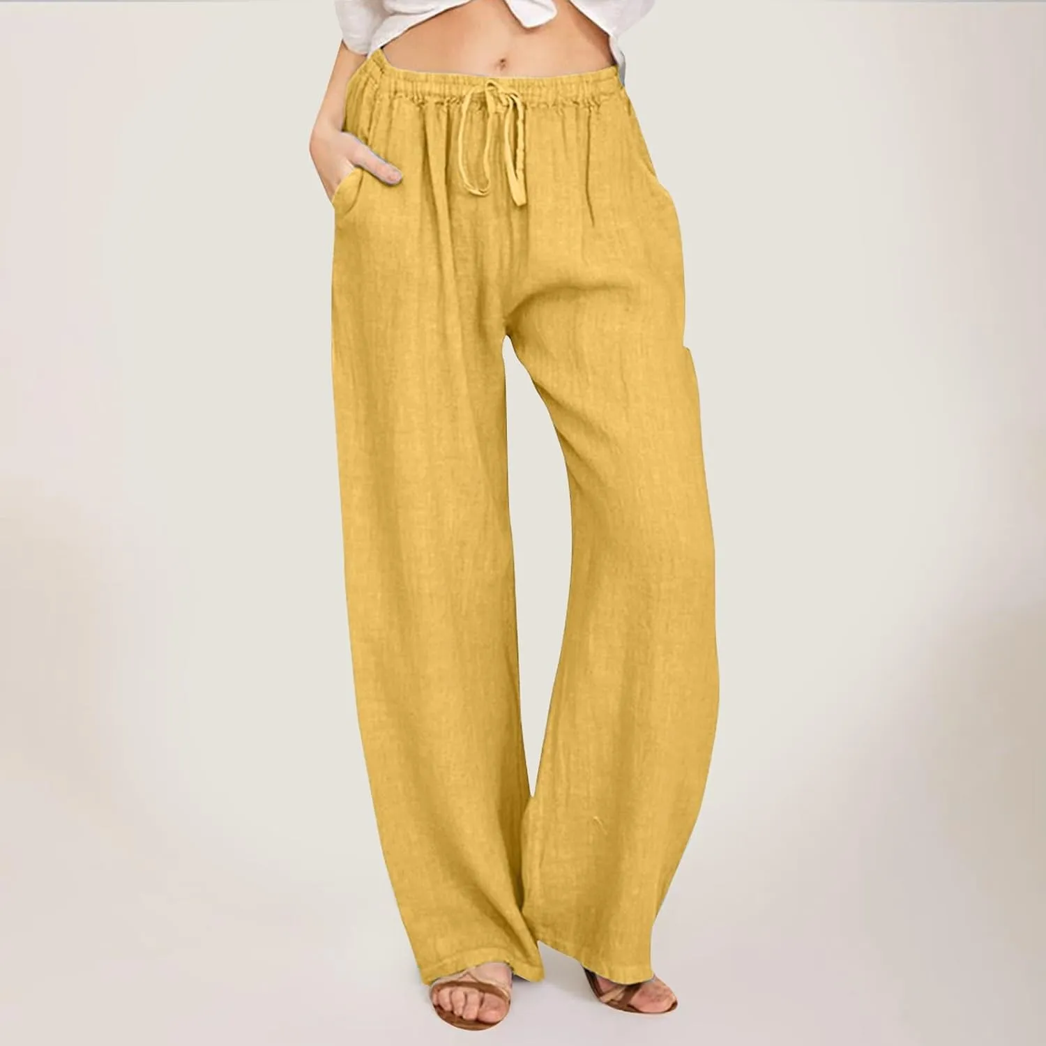 Womens Casual Linen Pants Baggy High Waist Drawstring Straight Leg Pants Summer Lounge Trousers with Pockets