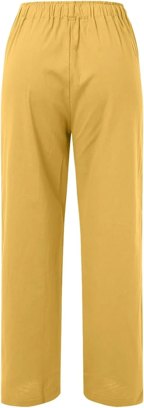Womens Casual Linen Pants Baggy High Waist Drawstring Straight Leg Pants Summer Lounge Trousers with Pockets