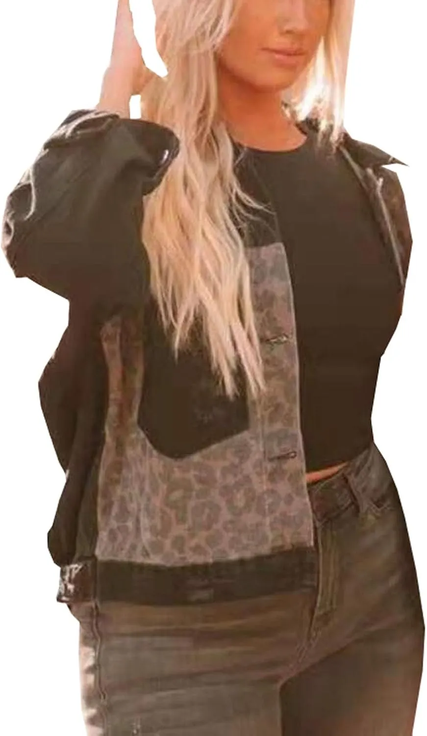 Women's Casual Long Sleeve Button Up Denim Jacket Leopard Print Patchwork Jean Top Coat Jackets