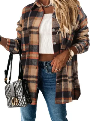 Women's Casual Long Sleeve Tops Fall Blouses Flannel Plaid Button-Down Shirt Jacket with Pockets
