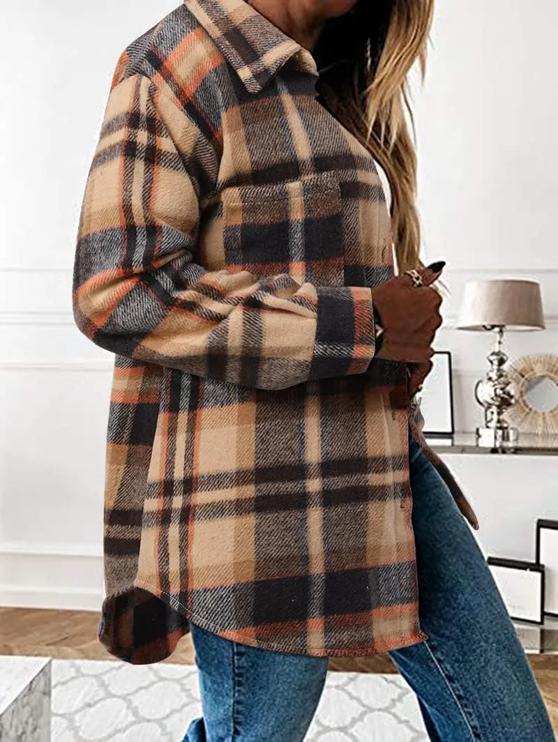 Women's Casual Long Sleeve Tops Fall Blouses Flannel Plaid Button-Down Shirt Jacket with Pockets