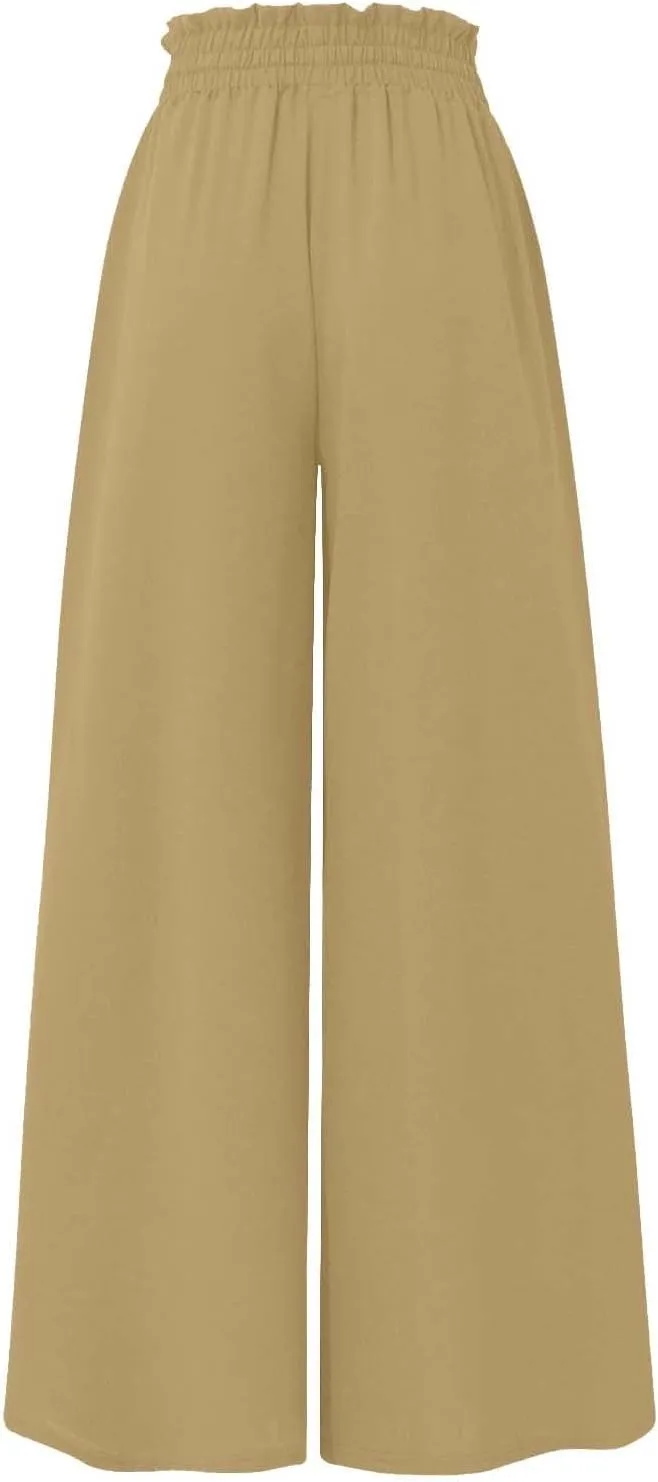 Womens Casual Pants Wide Leg Elastic Waisted Chiffon Baggy Flowy Long Lounge Trousers Beach Vacation Pant with Pockets