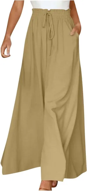 Womens Casual Pants Wide Leg Elastic Waisted Chiffon Baggy Flowy Long Lounge Trousers Beach Vacation Pant with Pockets