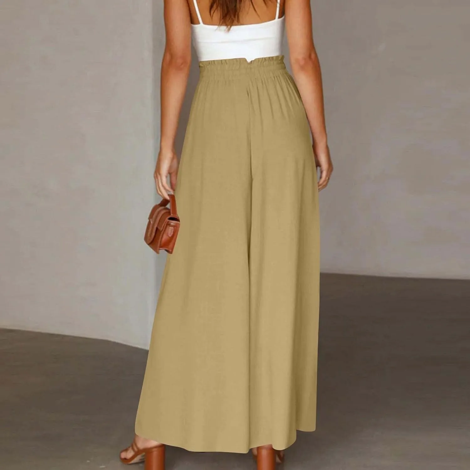 Womens Casual Pants Wide Leg Elastic Waisted Chiffon Baggy Flowy Long Lounge Trousers Beach Vacation Pant with Pockets