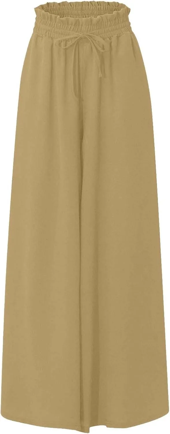 Womens Casual Pants Wide Leg Elastic Waisted Chiffon Baggy Flowy Long Lounge Trousers Beach Vacation Pant with Pockets