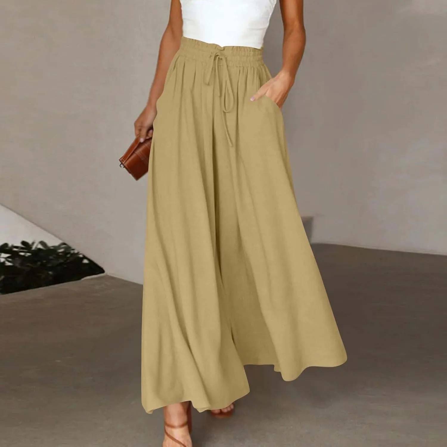 Womens Casual Pants Wide Leg Elastic Waisted Chiffon Baggy Flowy Long Lounge Trousers Beach Vacation Pant with Pockets