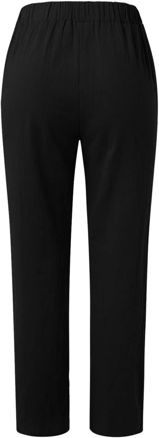 Women's Casual Straight Leg Linen Pants Loose Elastic Waist Wide Leg Summer Pants Comfy Solid Lounge Trousers with Pockets