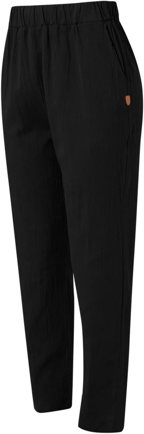 Women's Casual Straight Leg Linen Pants Loose Elastic Waist Wide Leg Summer Pants Comfy Solid Lounge Trousers with Pockets