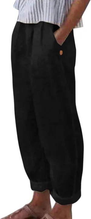 Women's Casual Straight Leg Linen Pants Loose Elastic Waist Wide Leg Summer Pants Comfy Solid Lounge Trousers with Pockets