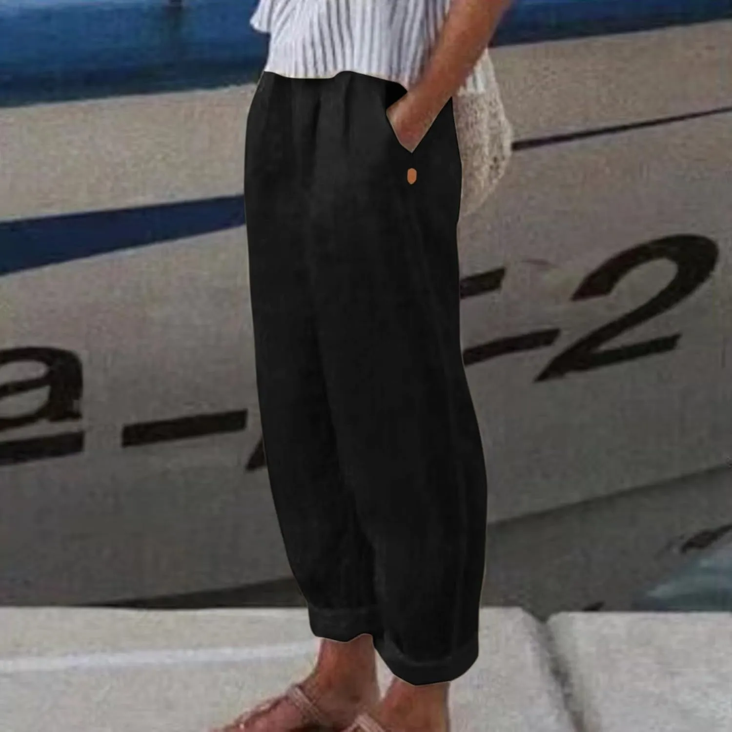 Women's Casual Straight Leg Linen Pants Loose Elastic Waist Wide Leg Summer Pants Comfy Solid Lounge Trousers with Pockets
