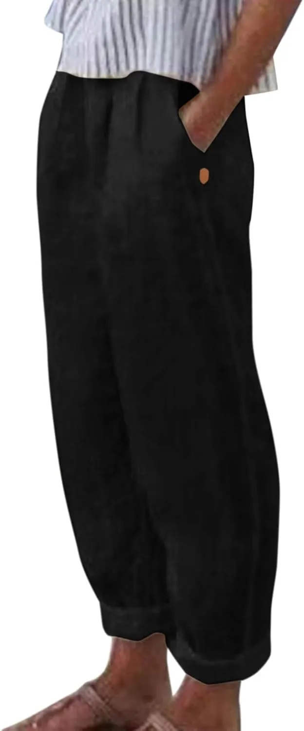 Women's Casual Straight Leg Linen Pants Loose Elastic Waist Wide Leg Summer Pants Comfy Solid Lounge Trousers with Pockets