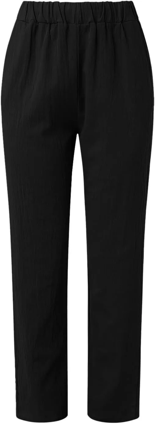 Women's Casual Straight Leg Linen Pants Loose Elastic Waist Wide Leg Summer Pants Comfy Solid Lounge Trousers with Pockets