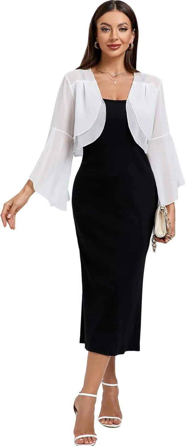 Women's Chiffon Shrug 3/4 Sleeve Cardigan Sweater Lightweight Cardigan Ruffle Top