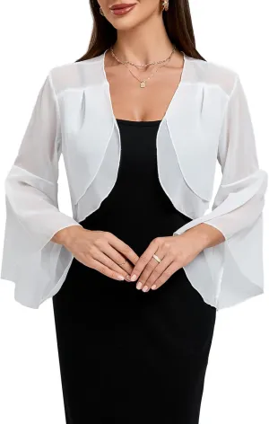 Women's Chiffon Shrug 3/4 Sleeve Cardigan Sweater Lightweight Cardigan Ruffle Top