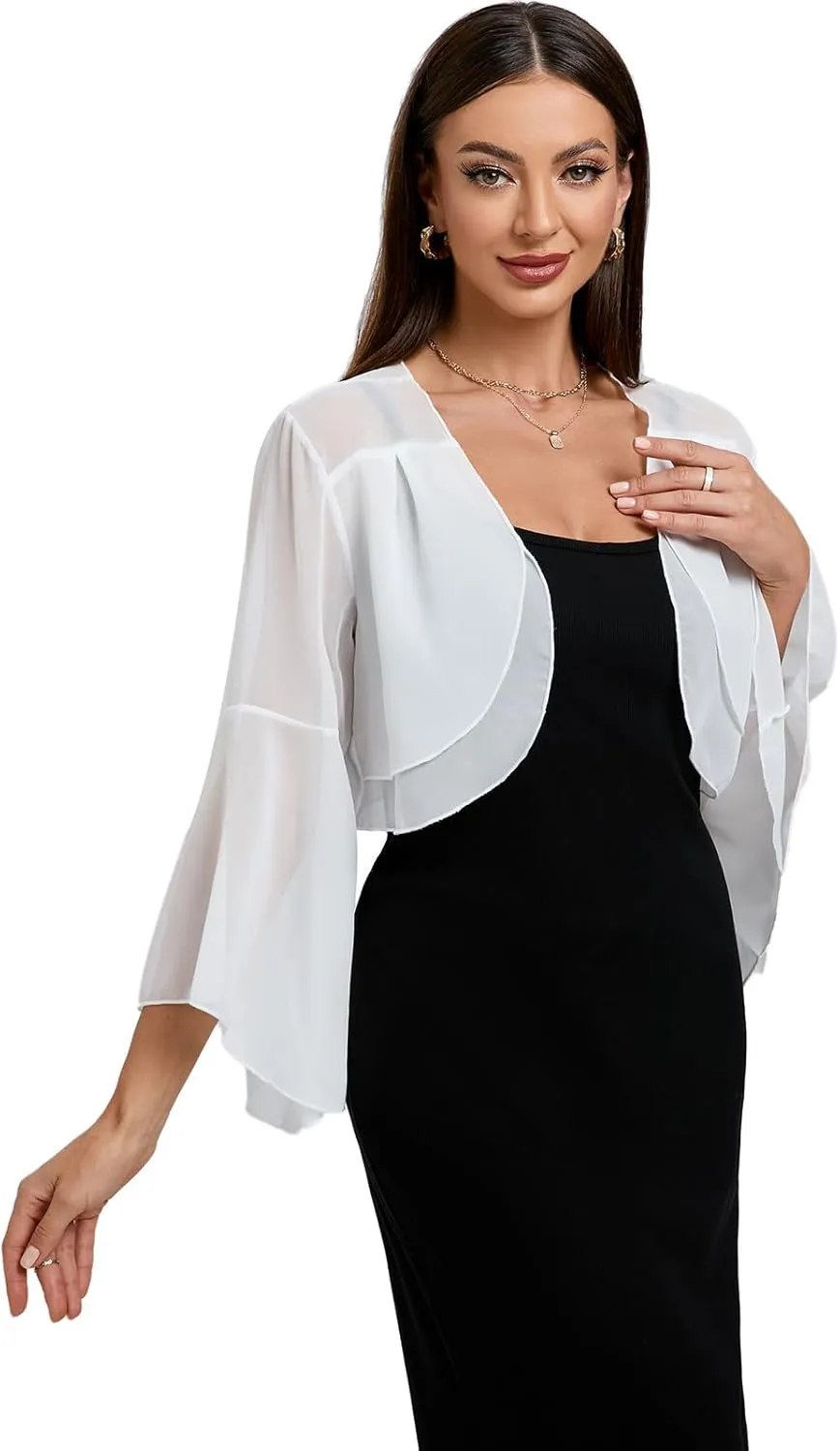 Women's Chiffon Shrug 3/4 Sleeve Cardigan Sweater Lightweight Cardigan Ruffle Top