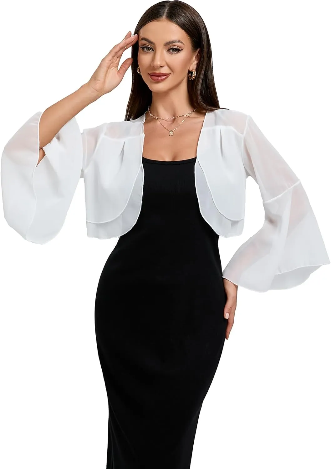Women's Chiffon Shrug 3/4 Sleeve Cardigan Sweater Lightweight Cardigan Ruffle Top