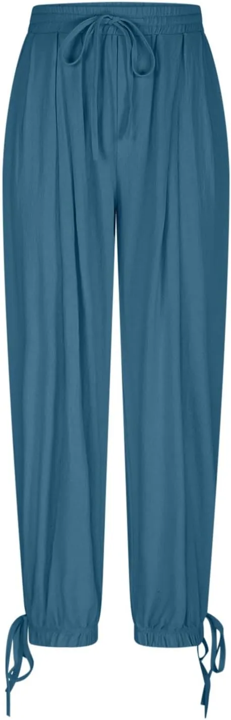 Womens Cinch Bottom Cotton Linen Pants Summer Casual Solid High Waist Drawstring Trousers Baggy Trouser with Pockets