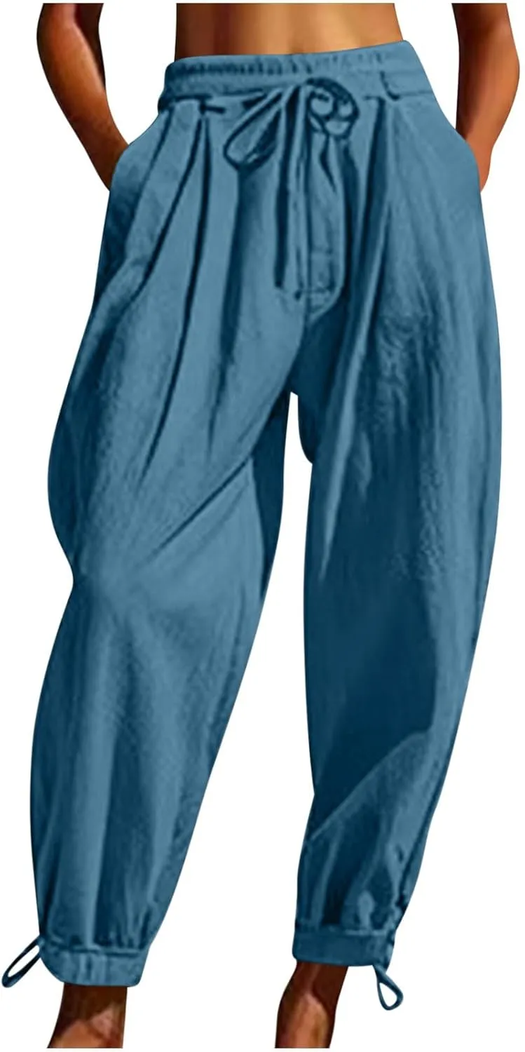 Womens Cinch Bottom Cotton Linen Pants Summer Casual Solid High Waist Drawstring Trousers Baggy Trouser with Pockets