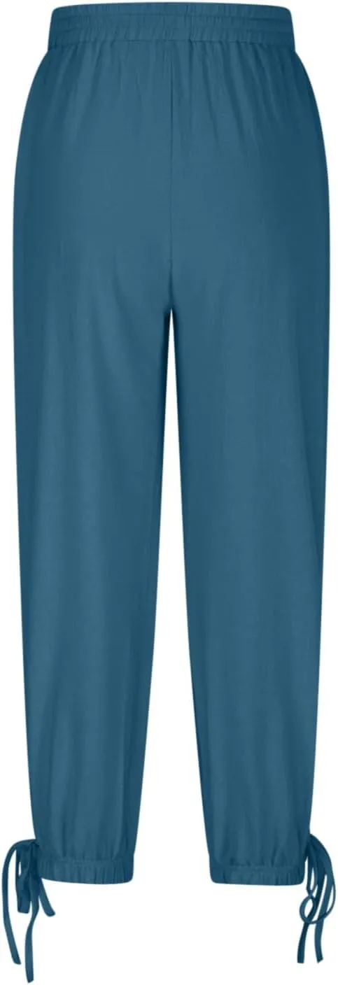 Womens Cinch Bottom Cotton Linen Pants Summer Casual Solid High Waist Drawstring Trousers Baggy Trouser with Pockets