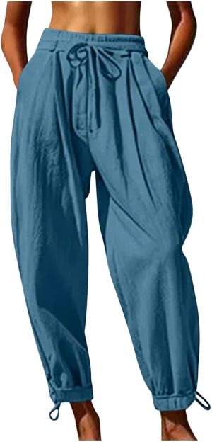 Womens Cinch Bottom Cotton Linen Pants Summer Casual Solid High Waist Drawstring Trousers Baggy Trouser with Pockets
